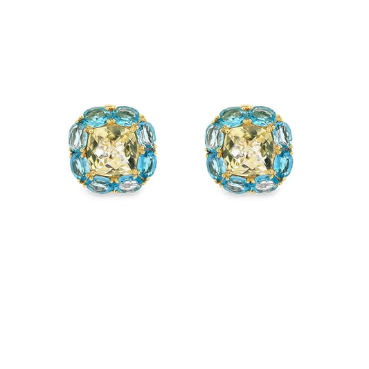 14K Yellow Gold Lemon Quartz and Blue Topaz Earrings